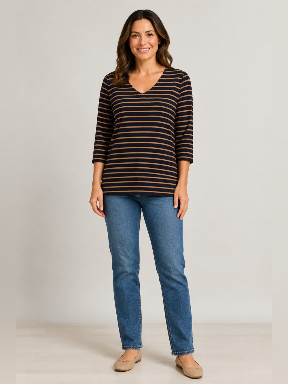 J. Jill Navy & Tan Striped V-Neck 3/4 LS Top, Medium Like new!